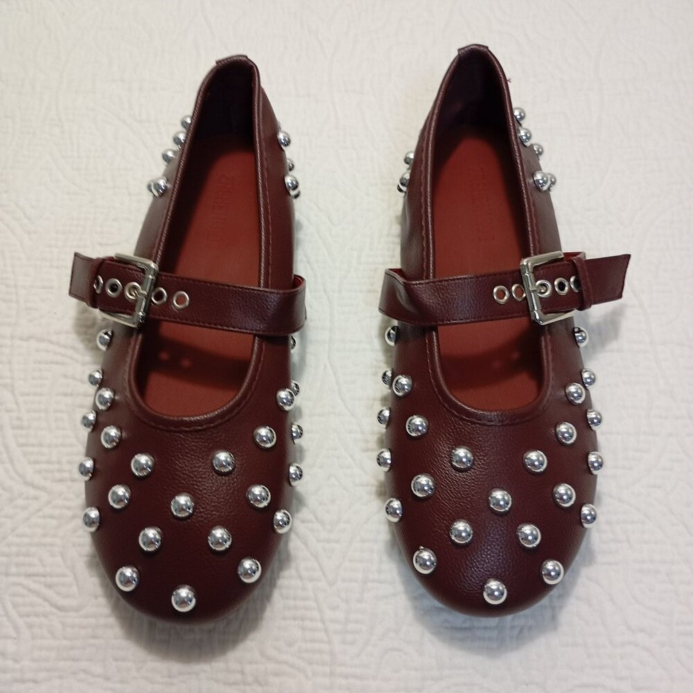 ZRSHENUTO Brown synthetic Leather Studded Flats Size 38 With Buckle Strap